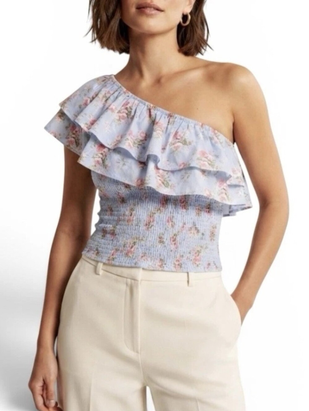 Abercrombie & Fitch Asymmetrical Floral Ruffle One Shoulder Viscos Crop Size M